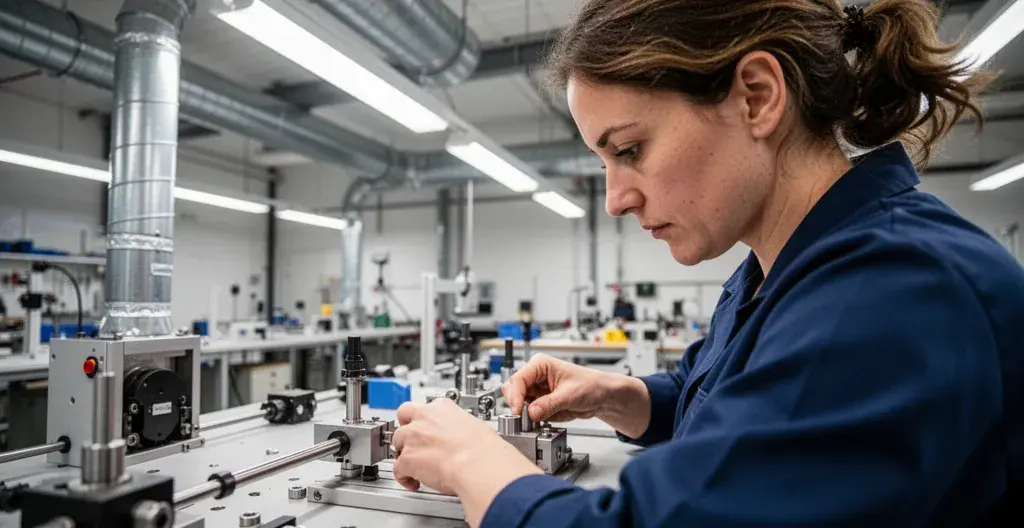 Opératrice concentrée sur assemblage dans atelier avec système de ventilation industrielle