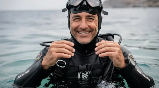 Plongeur équipé d'un masque de plongée intégral émergeant en Méditerranée