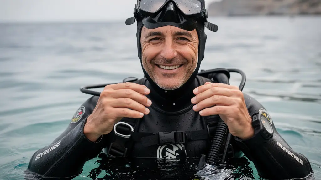 Plongeur équipé d'un masque de plongée intégral émergeant en Méditerranée