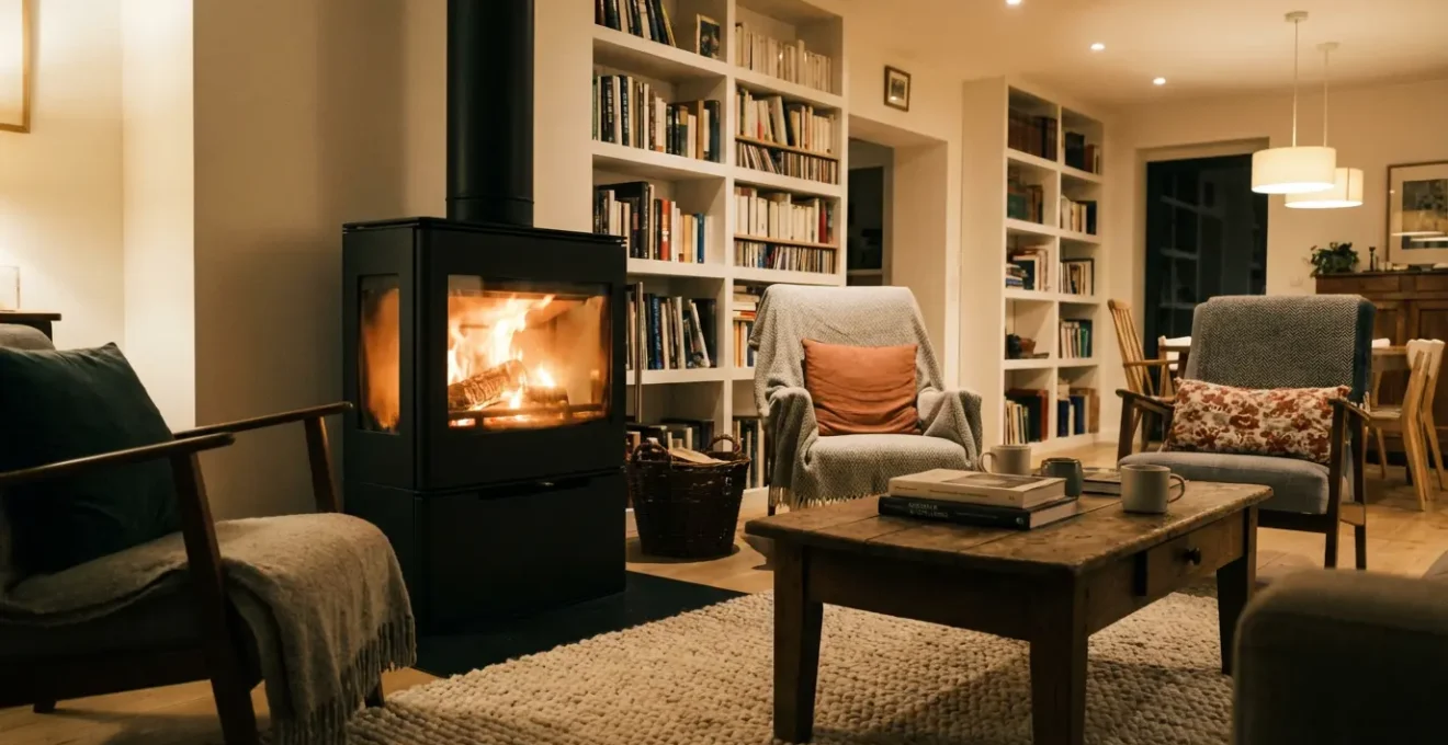 Poêle à bois moderne allumé dans un salon français, chauffage économique visible
