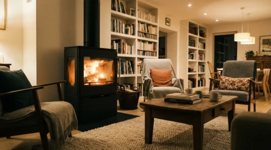 Poêle à bois moderne allumé dans un salon français, chauffage économique visible