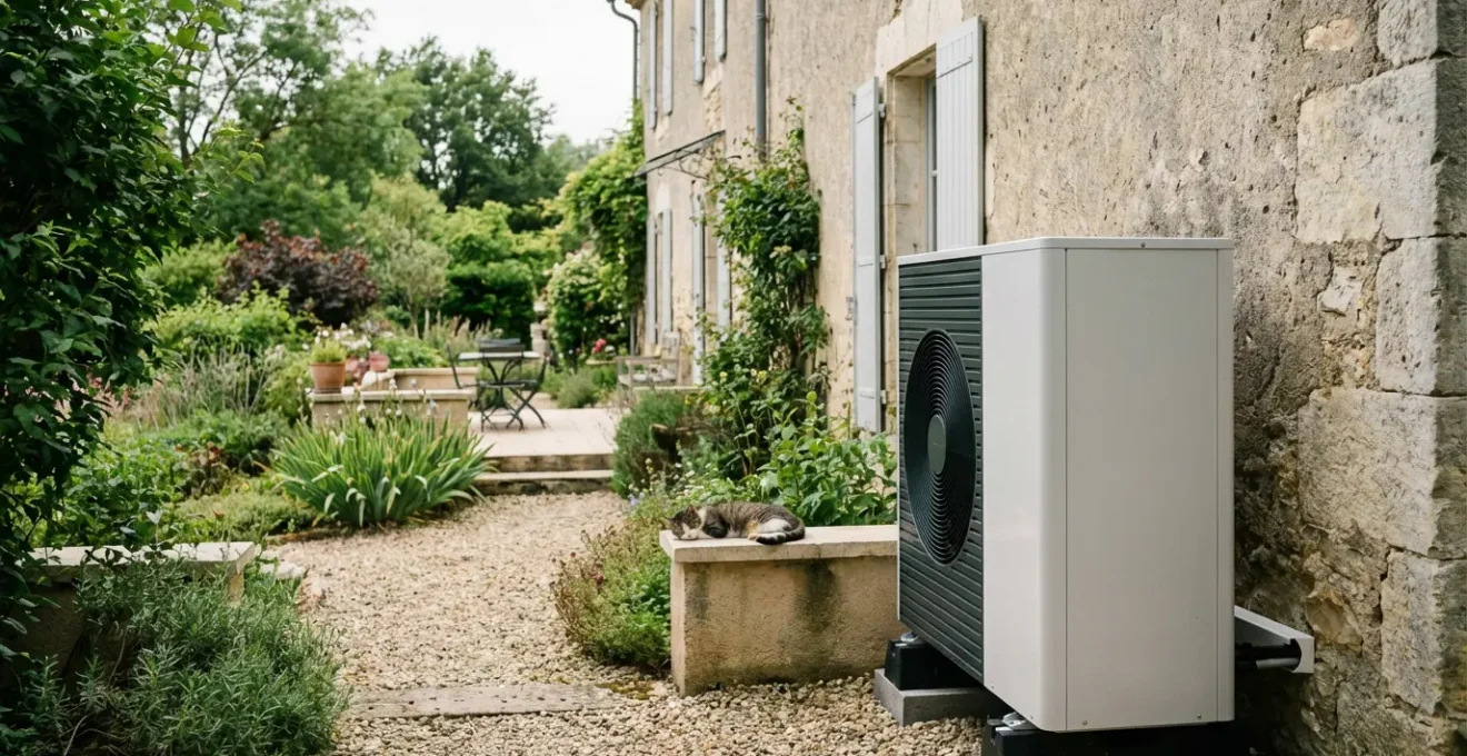 Unité extérieure pompe à chaleur air/eau installée contre maison française