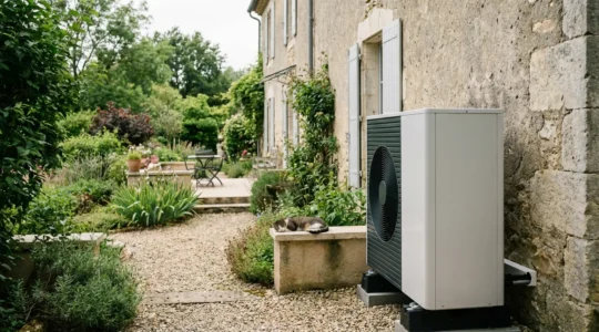 Unité extérieure pompe à chaleur air/eau installée contre maison française