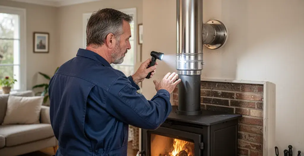 Ramoneur professionnel inspectant un conduit de fumée, entretien poêle à bois obligatoire