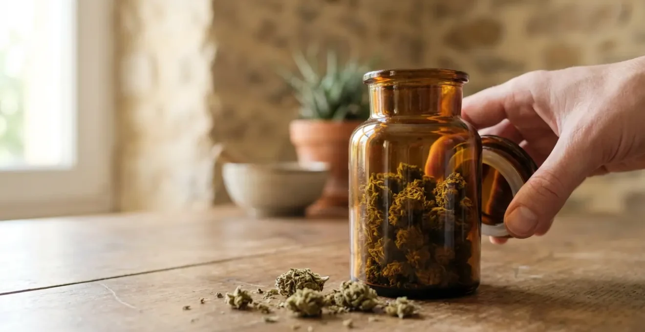 Small buds CBD dans un bocal en verre ambré sur table en bois, lumière naturelle