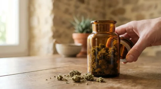 Small buds CBD dans un bocal en verre ambré sur table en bois, lumière naturelle