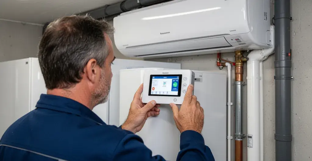 Technicien chauffagiste vérifiant les paramètres d'une PAC air/eau
