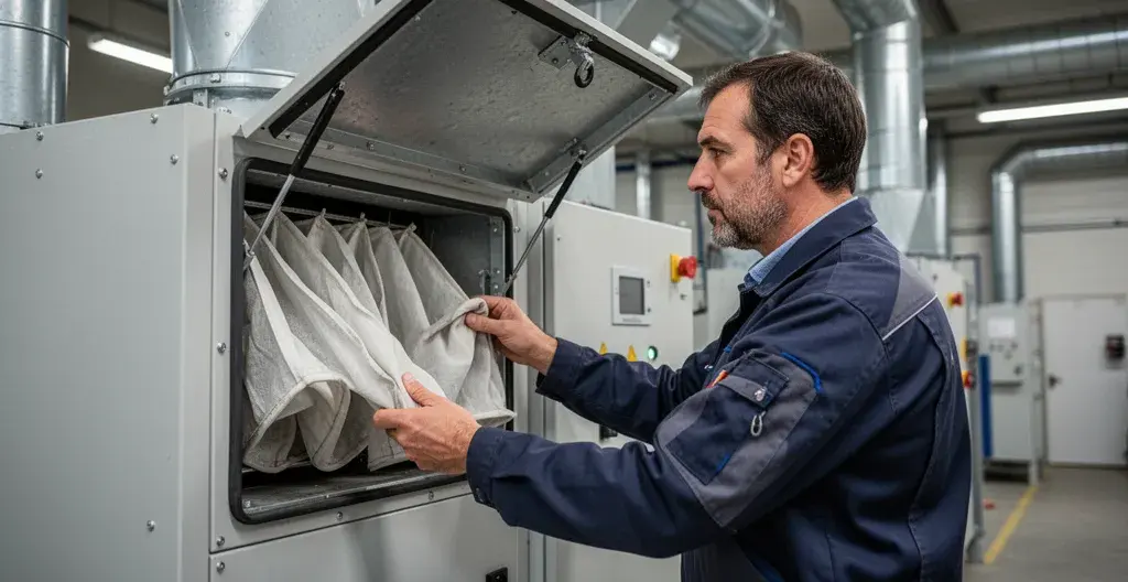 Technicien inspectant système de dépoussiérage industriel avec manches filtrantes visibles