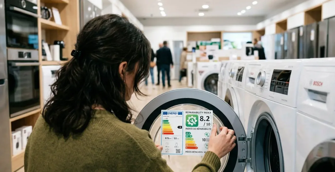 Une personne vue de dos examine attentivement l'étiquette d'un lave-vaisselle dans un rayon électroménager lumineux