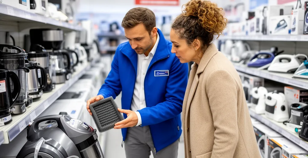 Conseiller en magasin montrant l'entretien d'un filtre d'aspirateur à une cliente