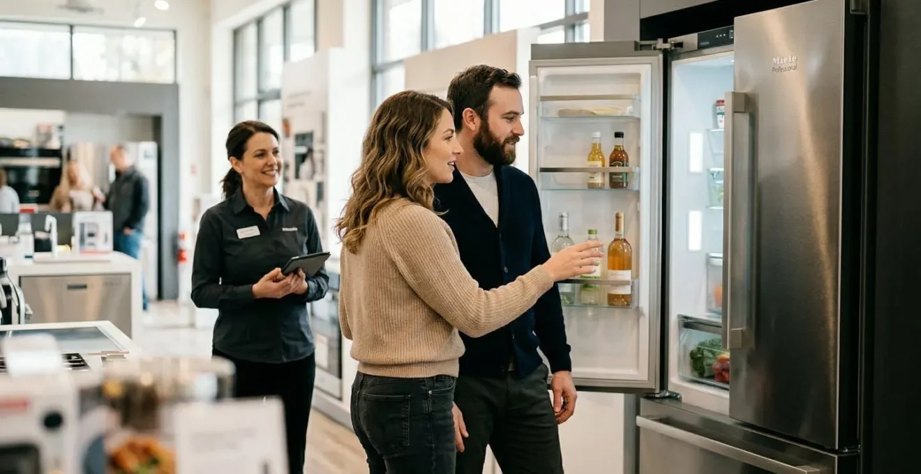 Un couple vu de trois-quarts dos discute devant un réfrigérateur dans un magasin, un vendeur légèrement en retrait