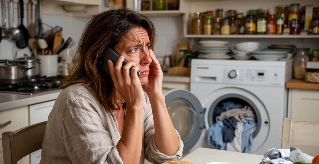 Femme frustrée attendant au téléphone dans sa cuisine avec lave-linge en panne