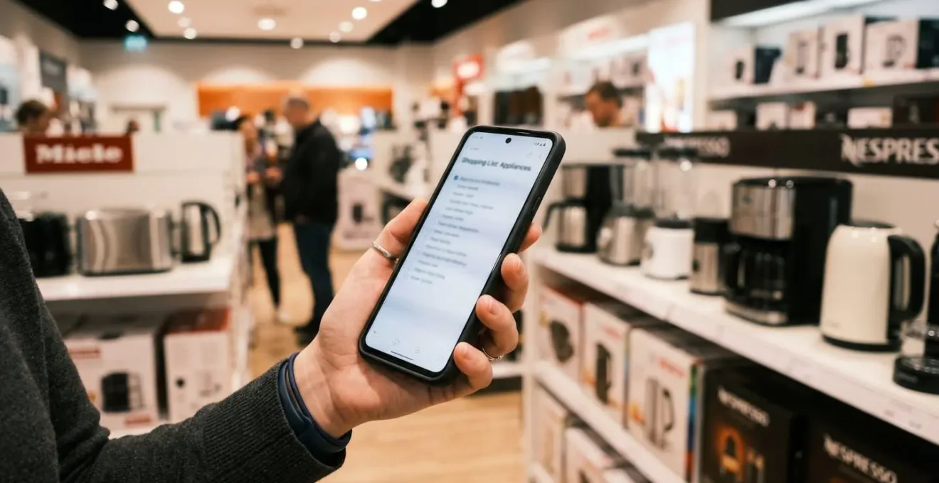 Une main tenant un smartphone devant un rayon d'électroménager, l'écran affichant une liste floutée
