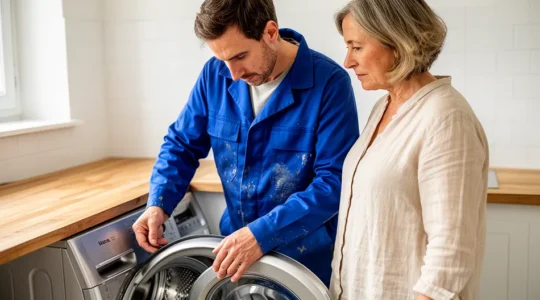 Technicien SAV réalisant un diagnostic de lave-linge avec une cliente observant