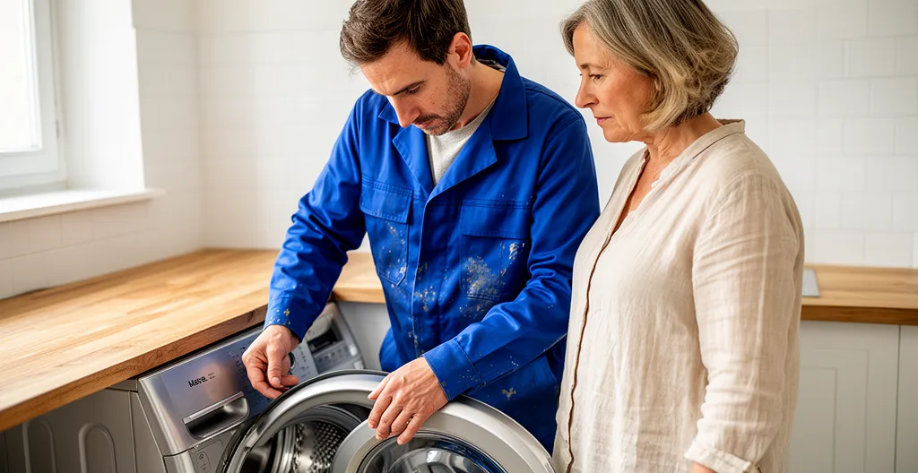 Technicien SAV réalisant un diagnostic de lave-linge avec une cliente observant