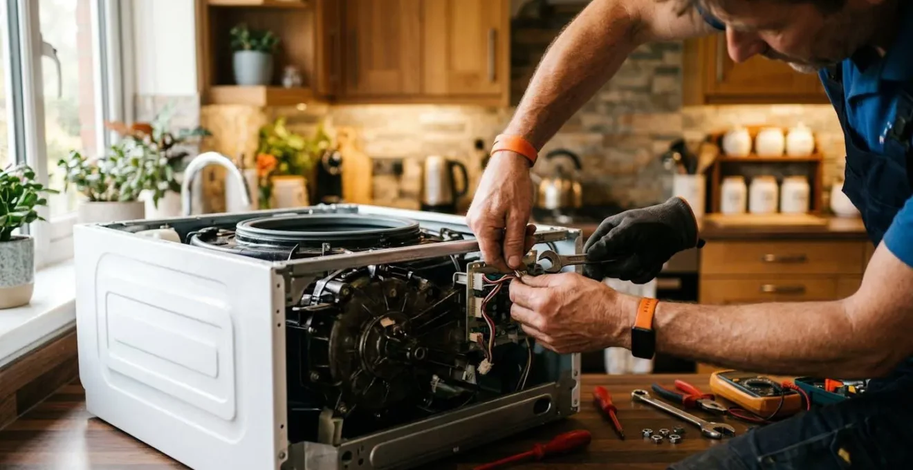 Mains d'un technicien intervenant sur un lave-linge ouvert, outils posés à côté, dans une cuisine moderne baignée de lumière naturelle