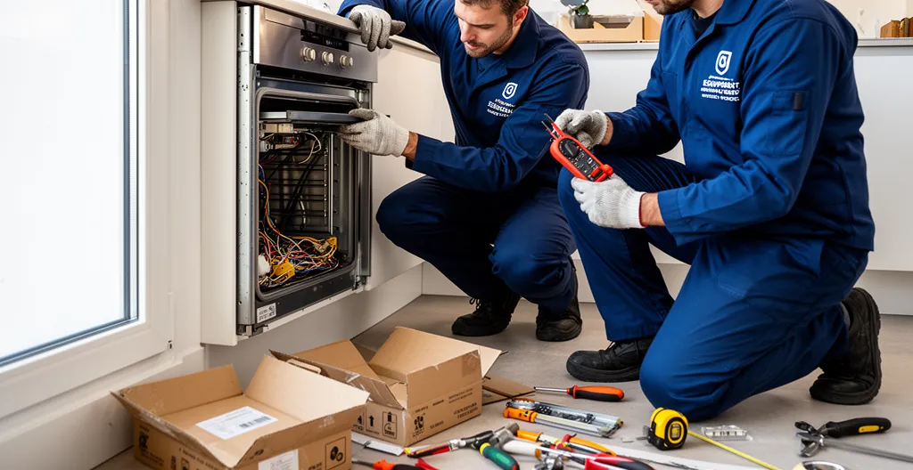 Deux techniciens installant un four encastrable dans une cuisine