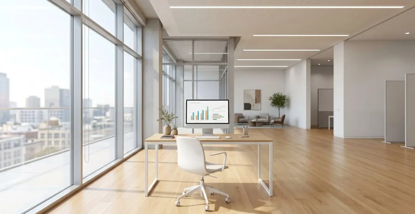 Bureau moderne vide et lumineux avec un écran d'ordinateur affichant des graphiques flous