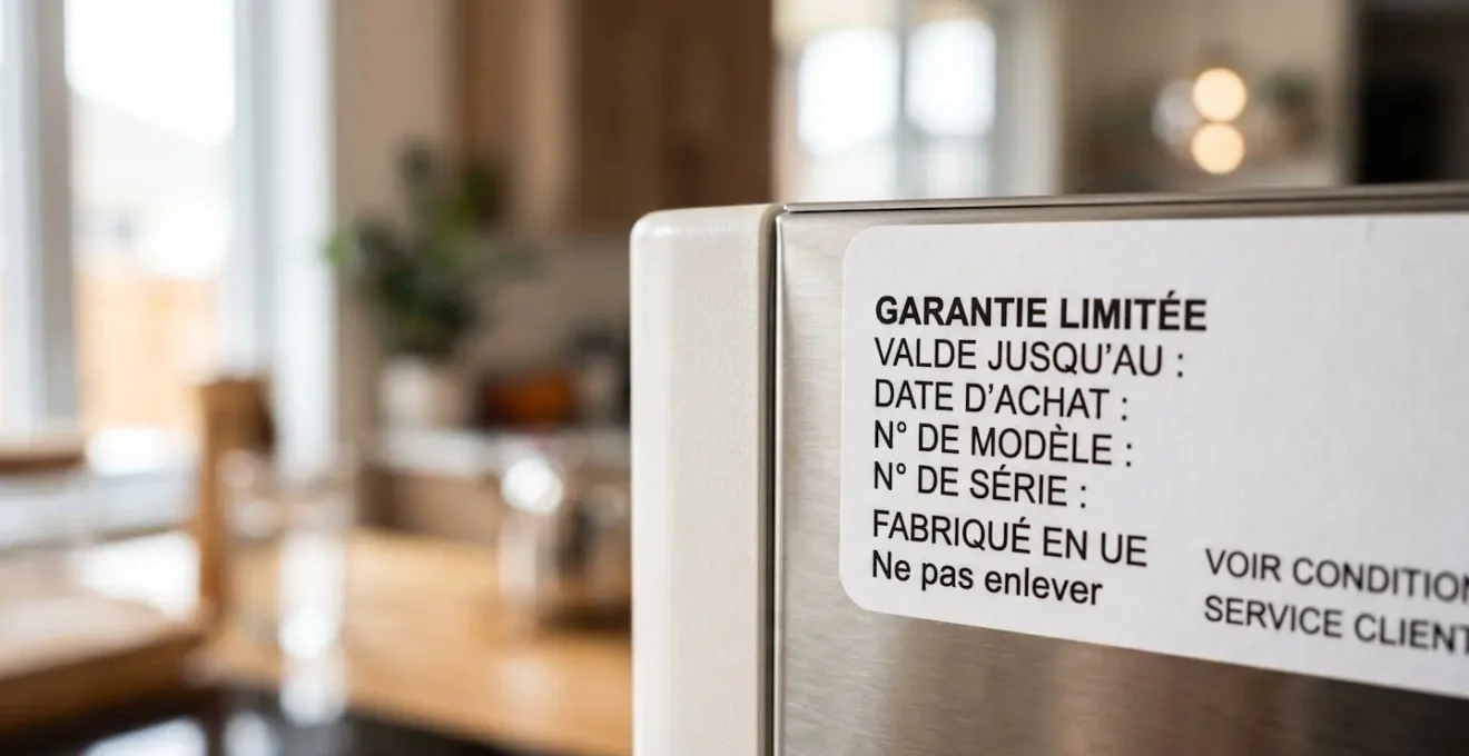 Gros plan sur une étiquette de garantie légale de conformité apposée sur un appareil électroménager neuf, avec un arrière-plan flouté et une lumière naturelle latérale