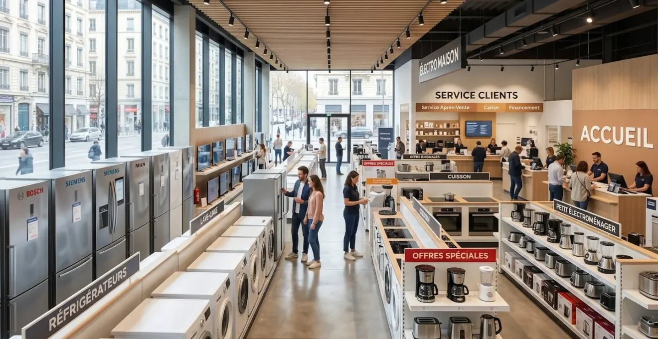Intérieur lumineux d'un magasin d'électroménager contemporain avec un rayon organisé et un espace service après-vente visible en arrière-plan