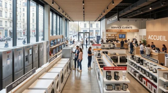 Intérieur lumineux d'un magasin d'électroménager contemporain avec un rayon organisé et un espace service après-vente visible en arrière-plan