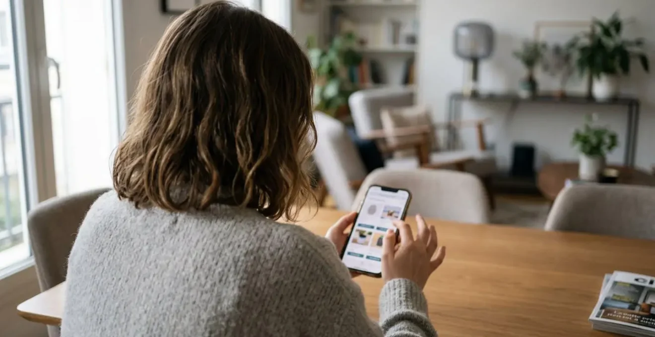 Personne vue de dos consultant une interface de commerce en ligne sur son smartphone dans un intérieur domestique lumineux