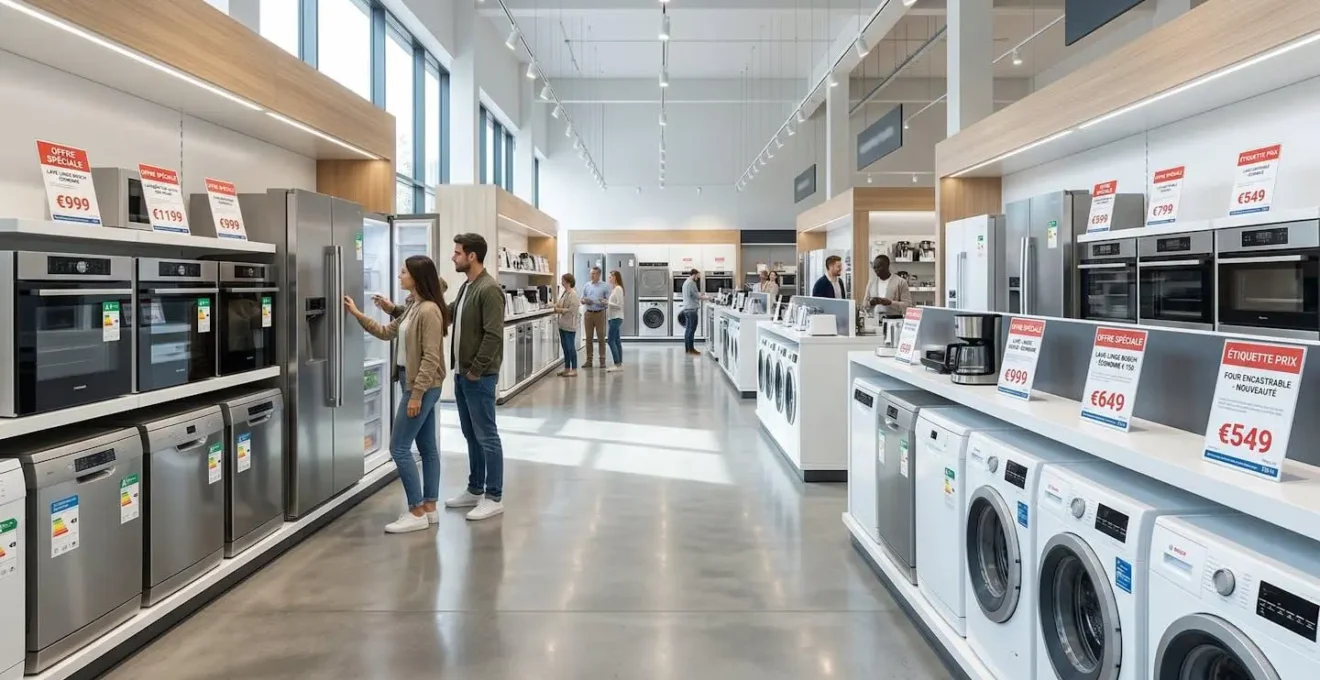 Rayon d'électroménager moderne dans un magasin européen avec étiquettes de prix promotionnels affichées sur les appareils exposés