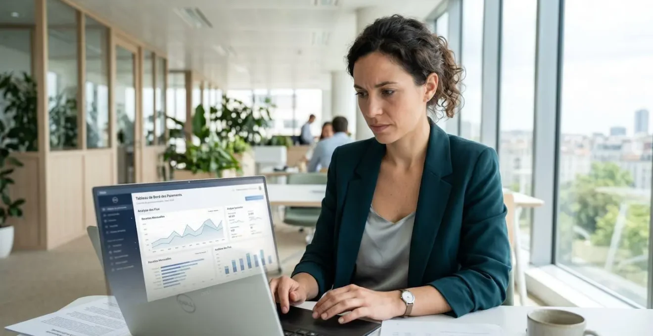 Une responsable financière consulte un tableau de bord d'encours clients sur son ordinateur portable dans un bureau moderne