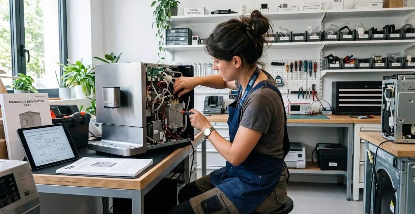 Un technicien vu de dos travaille sur la réparation d'un appareil électroménager dans un atelier de service après-vente bien éclairé
