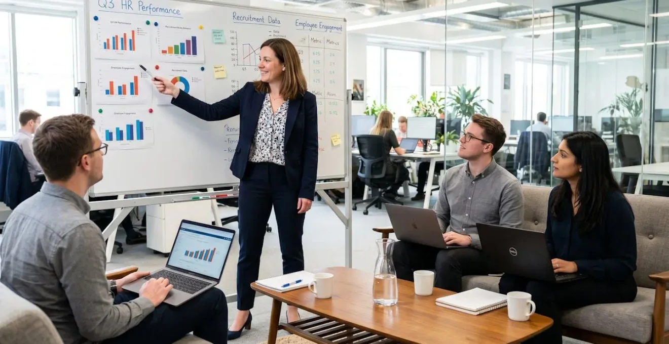Équipe RH discutant de la stratégie d'avantages sociaux dans des bureaux modernes