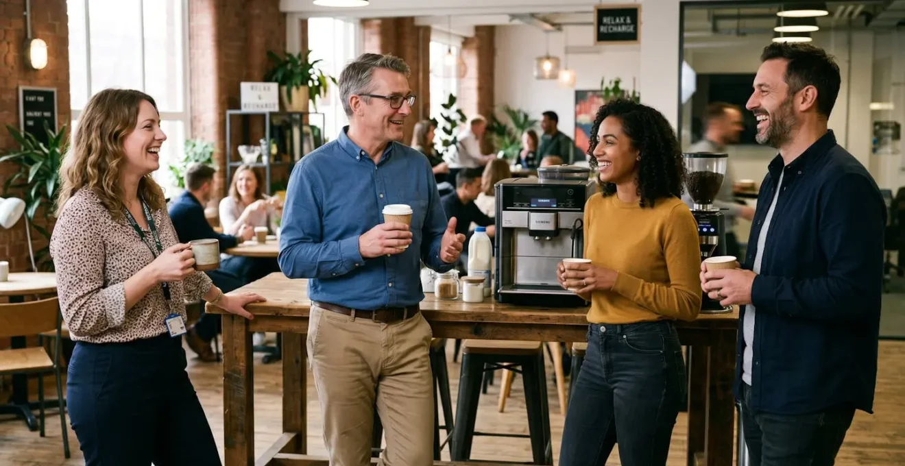 Groupe de salariés de profils variés discutant autour d'un café dans un espace détente d'entreprise