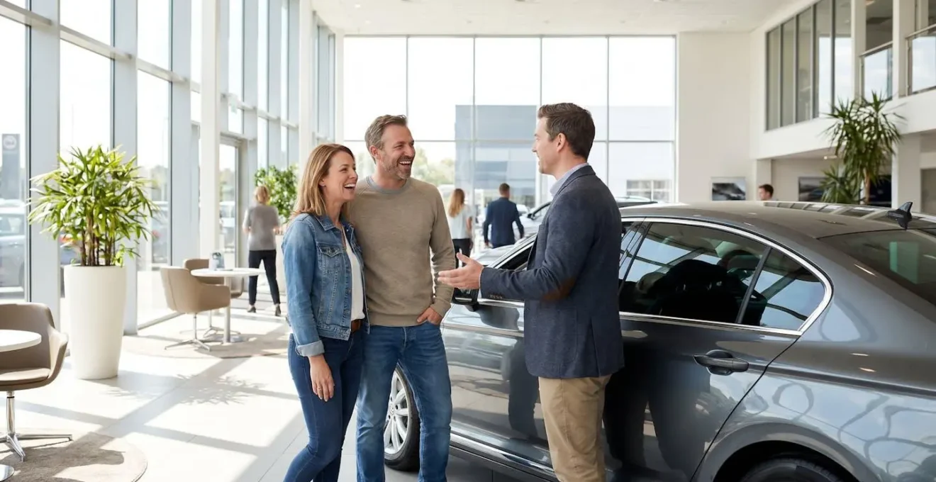 Couple discutant avec un conseiller commercial dans une concession automobile lumineuse