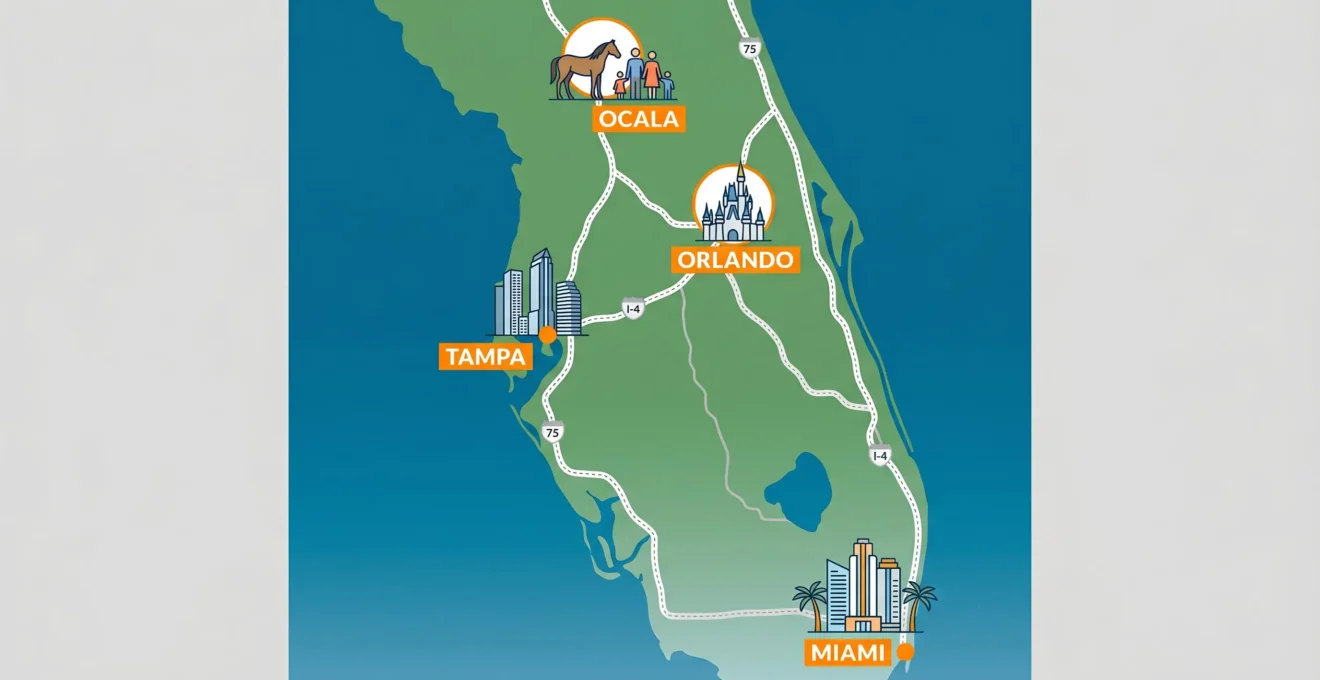 Carte stylisée du centre Florida mettant en avant quatre pôles d'investissement immobilier : Orlando, Tampa, Ocala et Miami