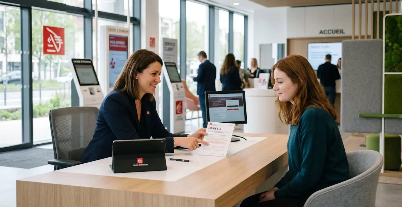 Conseillère bancaire présentant les documents d'ouverture d'un Livret A à une cliente dans une agence Caisse d'Epargne moderne et lumineuse