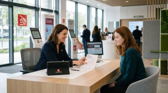 Conseillère bancaire présentant les documents d'ouverture d'un Livret A à une cliente dans une agence Caisse d'Epargne moderne et lumineuse