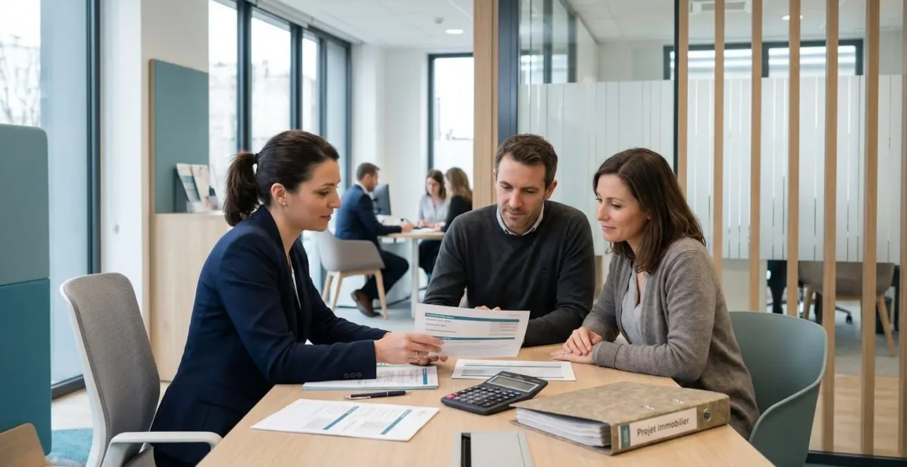 Conseillère bancaire présentant un plan de financement de prêt relais à un couple dans une agence Caisse d'Epargne moderne, documents de simulation sur la table