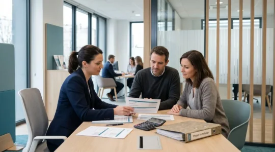 Conseillère bancaire présentant un plan de financement de prêt relais à un couple dans une agence Caisse d'Epargne moderne, documents de simulation sur la table