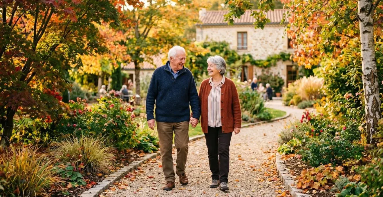 Couple de seniors se promenant dans le jardin d'une résidence services en automne