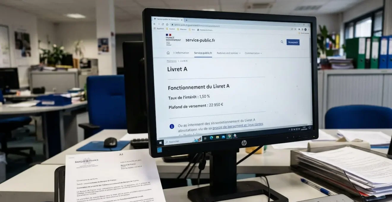 Écran d'ordinateur affichant les caractéristiques réglementaires du Livret A sur le site service-public.fr avec taux et plafond officiels 2026