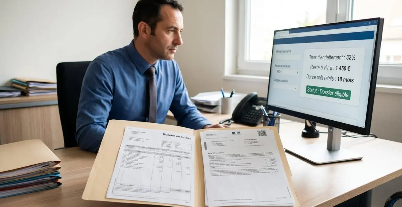 Écran d'ordinateur d'un conseiller bancaire affichant les critères de validation d'un dossier de prêt relais : taux d'endettement, reste à vivre, durée