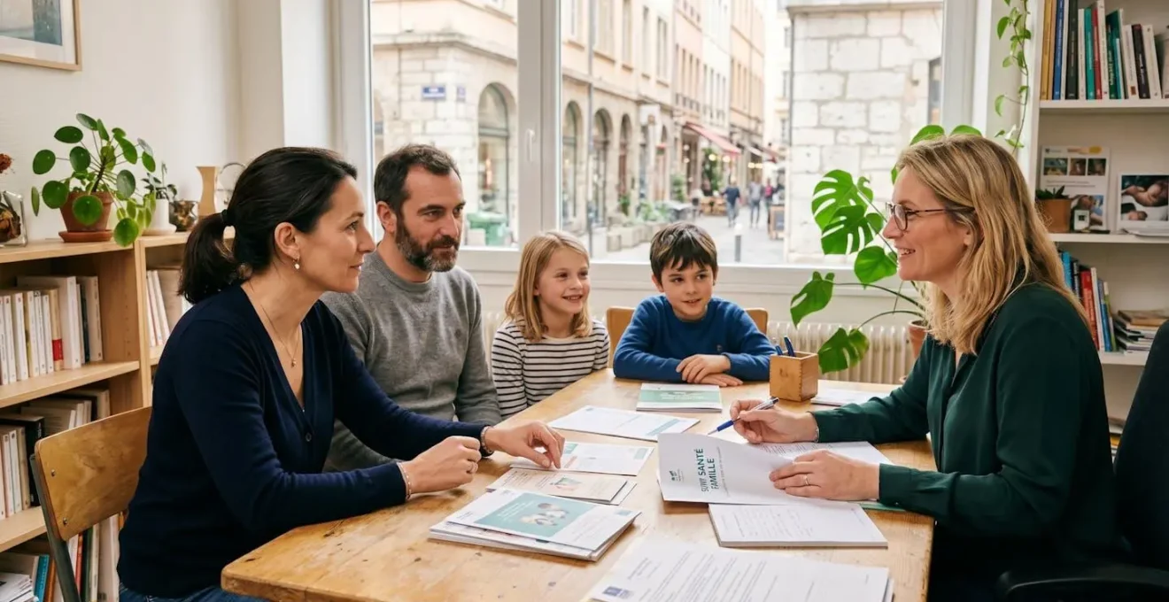 Famille en consultation avec un conseiller mutualiste pour un bilan de prévention santé