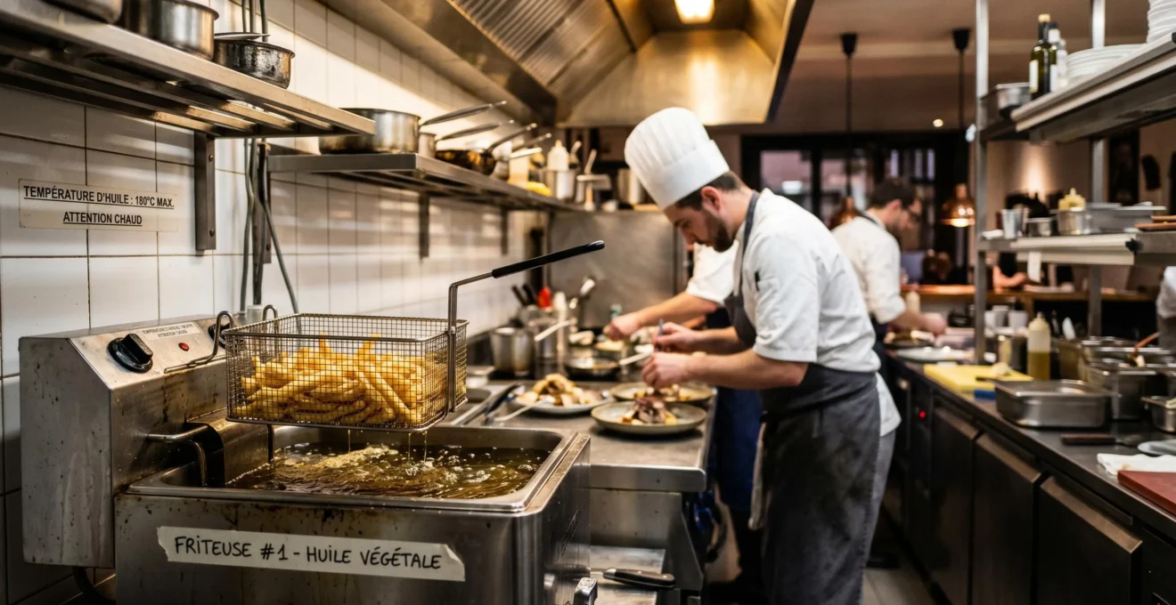 Friteuse professionnelle en inox en service dans une cuisine ouverte de restaurant français, chef en arrière-plan préparant des plats, lumière chaude de spots