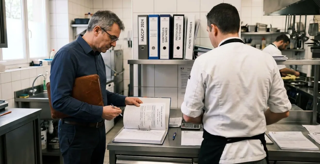 Inspecteur en civil consultant un registre de documents sur un plan de travail inox face à un responsable d'établissement en veste de cuisine, arrière-cuisine carrelée blanche