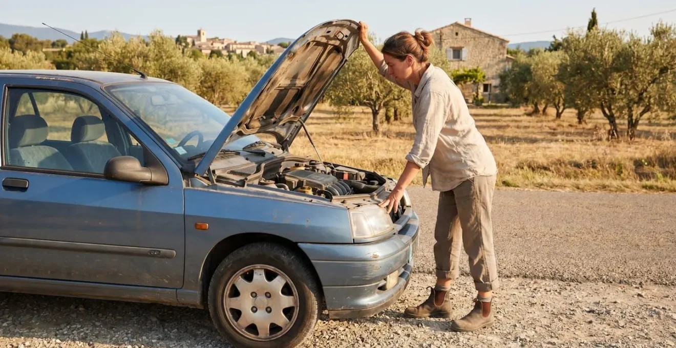 Une femme ouvre le capot d'une voiture d'occasion et observe l'état du compartiment moteur lors d'une inspection