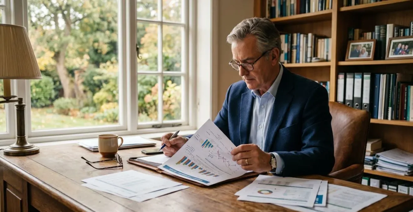 Investisseur examinant des documents patrimoniaux liés à une résidence seniors