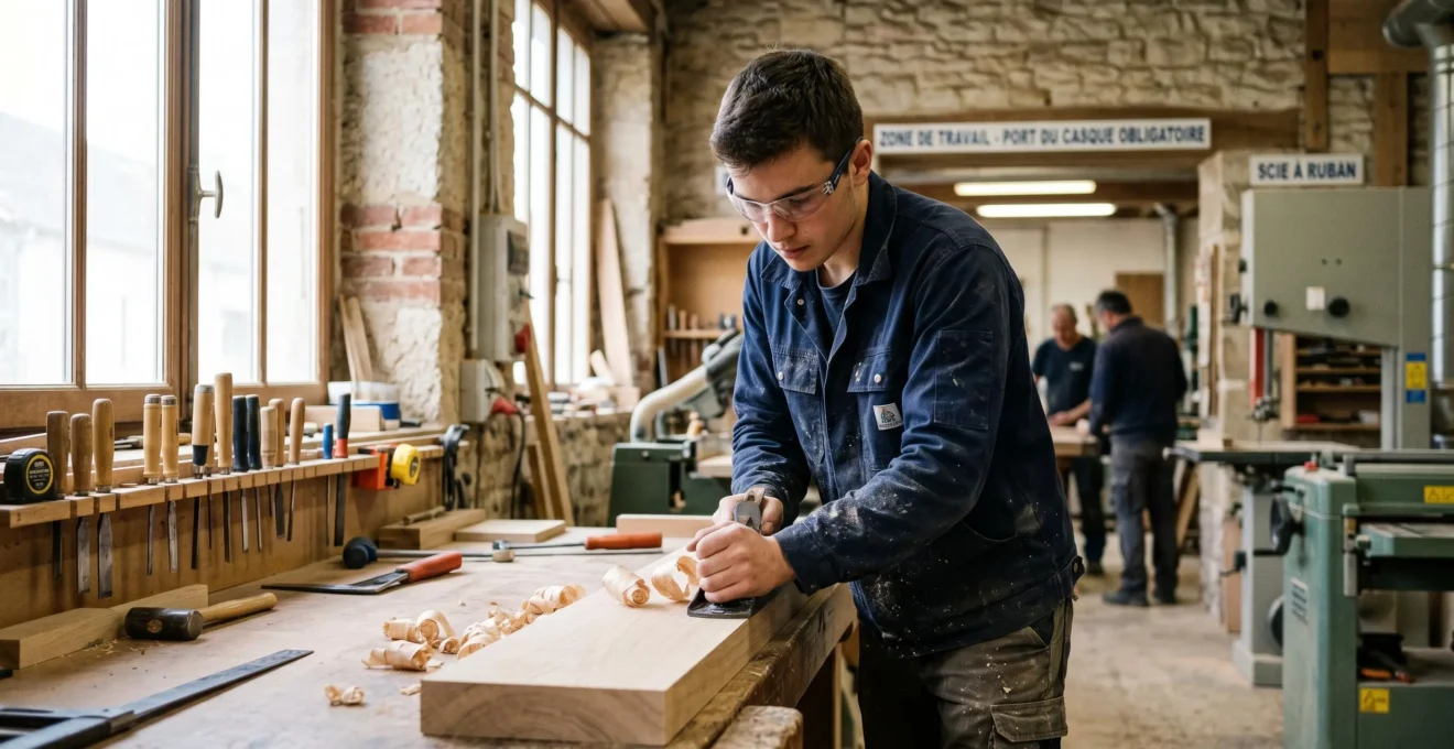 Jeune alternant concentré sur une tâche professionnelle concrète dans un atelier ou bureau d'entreprise partenaire, illustrant l'immersion terrain en formation MFR