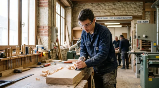 Jeune alternant concentré sur une tâche professionnelle concrète dans un atelier ou bureau d'entreprise partenaire, illustrant l'immersion terrain en formation MFR