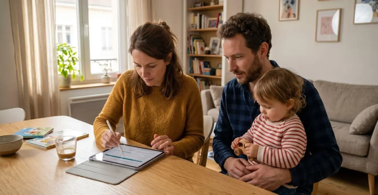 Jeune couple français ouvrant un Livret A pour leur enfant en bas âge via tablette numérique à domicile