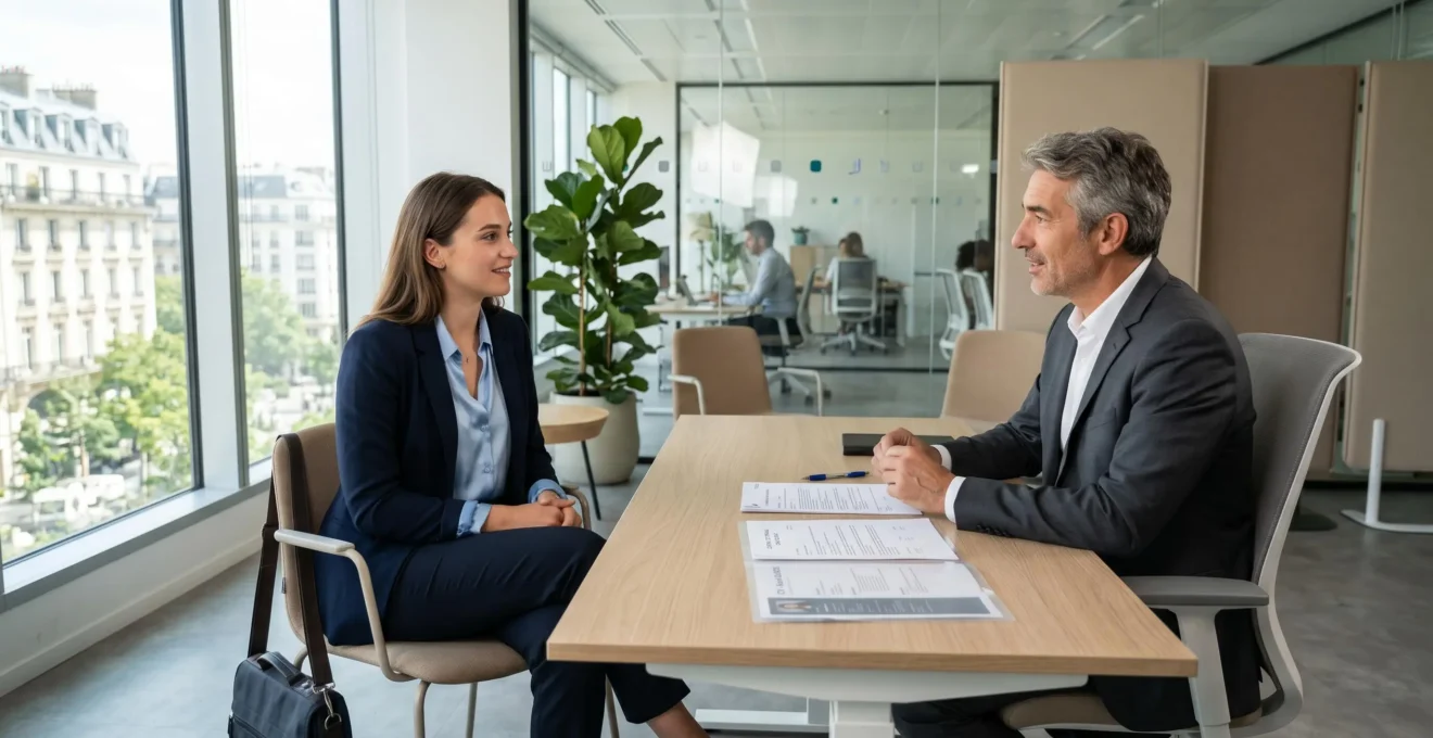 Jeune diplômé en entretien professionnel dans un bureau contemporain, illustrant l'accès facilité à l'emploi après formation en alternance