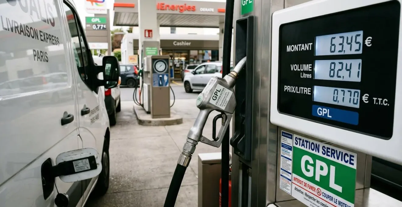 Pistolet de station GPL remplissant le réservoir d'un véhicule professionnel avec affichage du prix au litre en euros sur la pompe